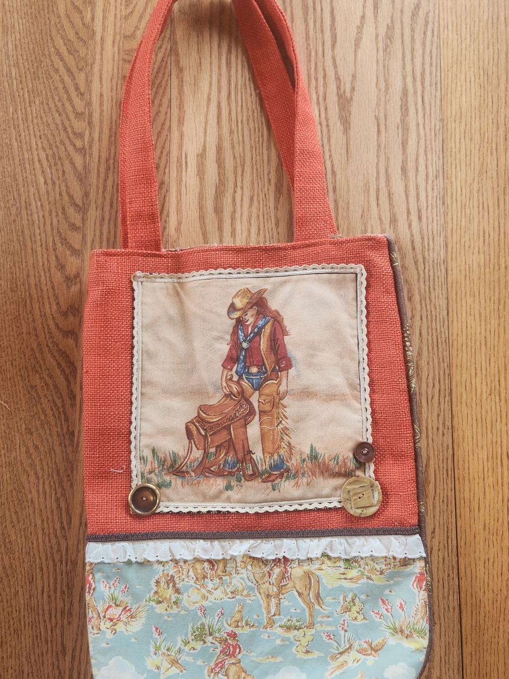 Orange Canvas Tote w Cowgirl & Horse Western Patch-Doily Trim & Button Accents